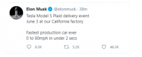 马斯克：特斯拉Model S Plaid交付活动6月3日举行 60英里/小时不到2秒