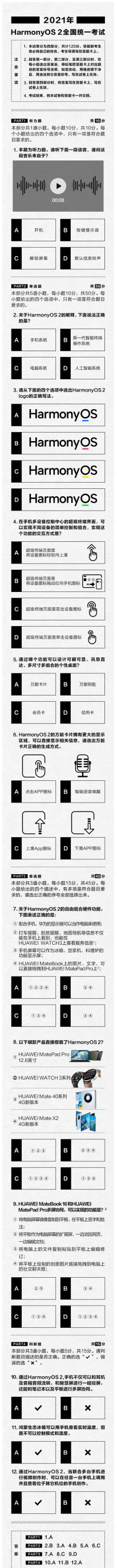 华为发布鸿蒙HarmonyOS 2考题试卷 HarmonyOS 2升级用户破千万