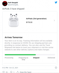 苹果AirPods 3无线耳机和抛光布首批开始向客户发货 今天下单将下周交付