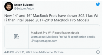 2021款苹果MacBook Pro WiFi最高传输规格不及此前英特尔版 最大空间流存异