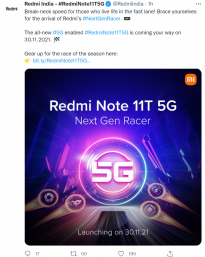 Redmi Note 11T 5G本月底印度推出 6GB+64GB售价约1453.41元