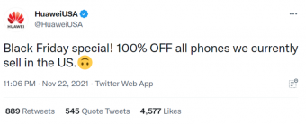 黑五将至华为官方调侃：美国在售手机享100%折扣 随后称只是个玩笑