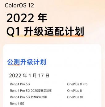 ColorOS 12明年Q1公测和正式版推送时间表：OPPOReno4 Pro公测1月17日