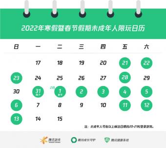 腾讯游戏公布2022年寒假暨春节假期未成年人限玩时间 1月29日-30日禁玩
