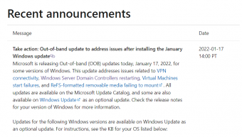 微软1月更新致Win11/Win10/Server等系统VPN失效 已宣布推出OOB带外更新