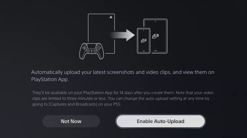 索尼为PS5推出游戏截图上传至手机新功能 功能开启界面展示