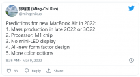 郭明錤称苹果MacBook Air 2022将采用M1芯片 类似24英寸iMac颜色选择