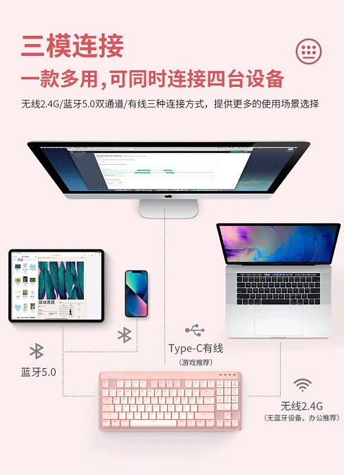 DELUX多彩KM18客制化键盘怎能不心动！粉红佳人，打造女生时尚桌面(图2)