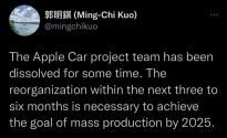 郭明錤称苹果Apple Car团队已解散，曝富士康和立讯精密是苹果汽车首选厂商