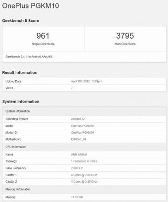 一加天玑8100新机GeekBench跑分曝光 多核3795运行Android 12