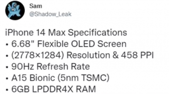 苹果iPhone 14 Max爆料配置“拉胯”：刘海屏方案 仍然搭载A15 芯片