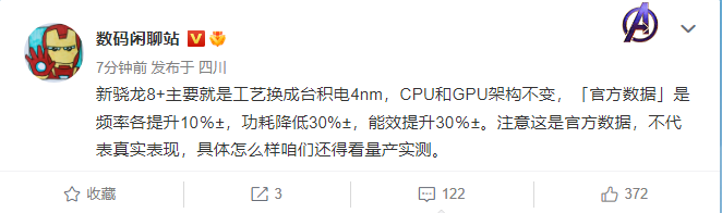 高通骁龙8 Gen1+官方数据曝光：CPU和GPU架构不变 频率各提升10% 
