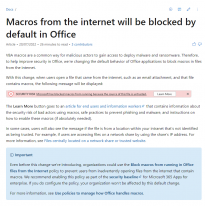 微软将很快再次默认禁用Office宏 已更新其文档包含明确的分步说明