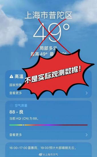 苹果iPhone天气App显示“49℃”，上海市气象局称对方使用其他数据估算