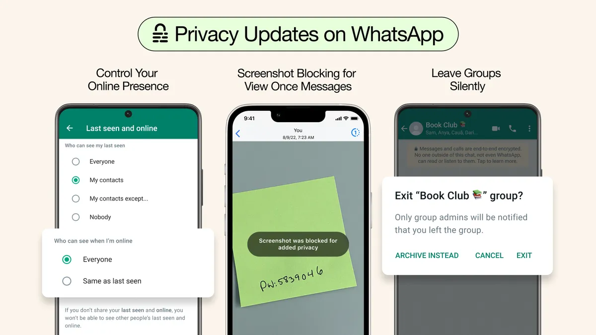 WhatsApp的3项新功能保护隐私 包括静默离开群组并隐藏在线状态
