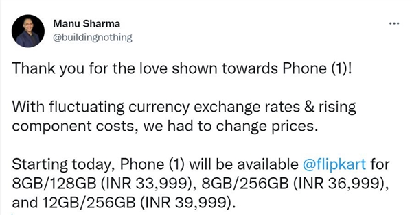 Nothing Phone 1涨价1000印度卢比：因货币汇率波动和零部件成本上涨