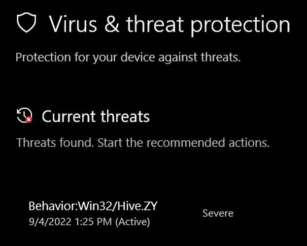 Microsoft Defender falsely detecting Win32/Hive.ZY
