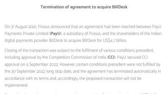  Prosus 收购印度支付平台 BillDesk 的交易被中止：先决条件没有满足