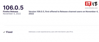火狐浏览器发布106.0.4 小版本更新，已修复英特尔 Gemini Lake CPU 崩溃问题