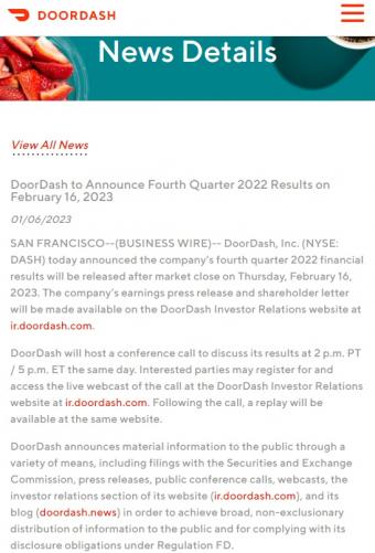 DoorDash​​宣布:2022年第四季度财务业绩将于2023年2月16日星期四收市后发布