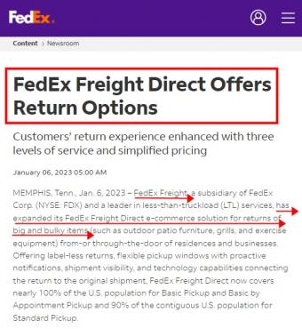 联邦快递扩展FedEx Freight Direct电商解决方案 用于退回大而笨重的物品