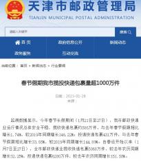 数据显示：春节长假期间天津邮政快递与去年春节假期相比增长1.74%