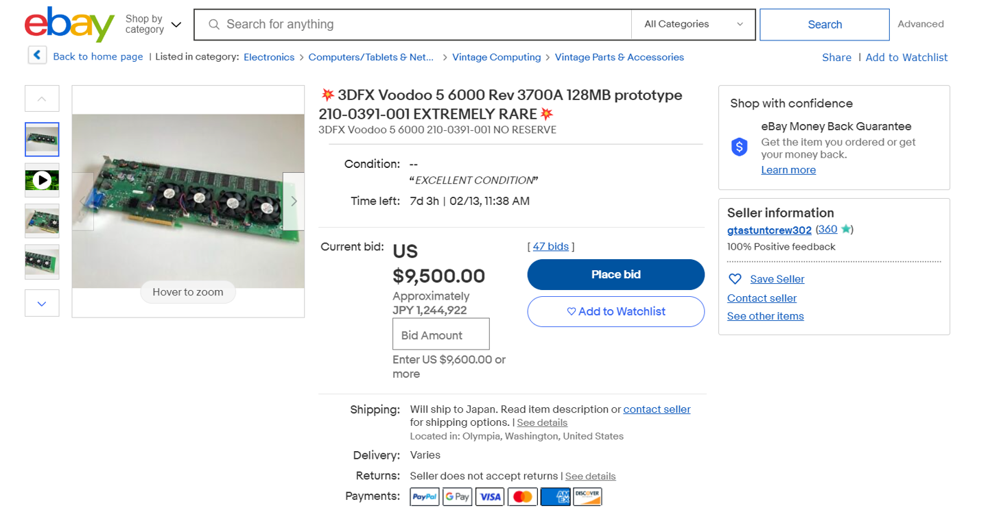 eBay的 3dfx 显卡的工程样品Voodoo 5 6000 3700A  目前已经拍卖到 9500 美元