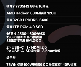 联想小新 Pro 16 2023 锐龙版搭载 R7 7735HS  USB-C 接口最高支持 140W 快充