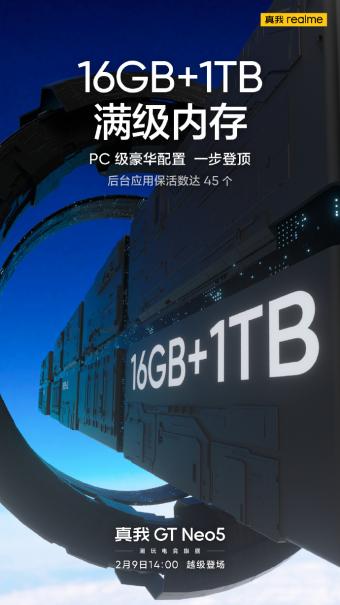 2 月 8 日realme 真我 GT Neo5新亮点  搭载 16GB+1TB 满级内存，堪称“PC 级豪华配置”