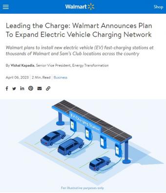 沃尔玛计划在2030年前实现全美商店的电动汽车快速充电站全覆盖