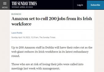 亚马逊将裁减爱尔兰地区的员工多达200名