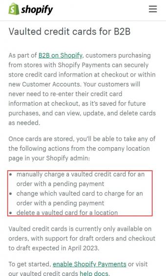 Shopify B2B推出信用卡储存功能