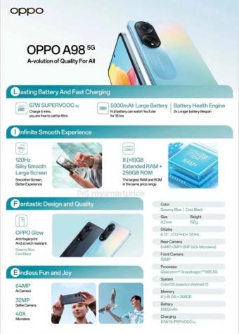 OPPO A98 5G智能手机的完整规格海报曝光：搭载骁龙695 5G芯片