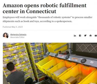 亚马逊宣布在美国康涅狄格州温莎新建一个机器人配送中心