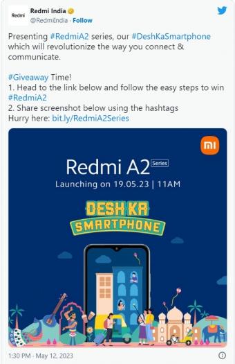小米将于5月19日f 印度推出新智能手机Redmi A2 :内置联发科 Helio G36 芯片