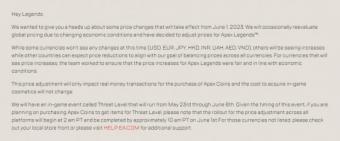 《Apex英雄》宣布将调整游戏内货币的全球售价：将于6月1日起生效