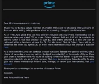 传亚马逊Prime宣布将上调Morrisons在线订单免配送费门槛