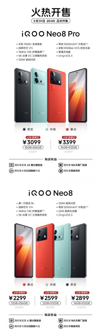  5月31日iQOO Neo8 系列手机首发开售，售价 2299 元起