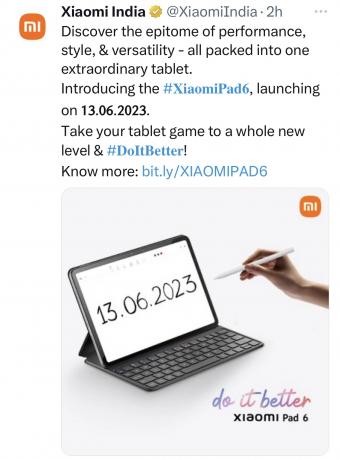 小米 Pad6将于6月13日在印度推出:搭载 2.8K 显示屏，支持144Hz刷新率