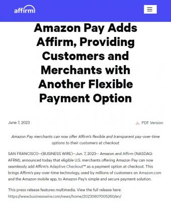 亚马逊宣布Amazon Pay支持“先买后付”支付方式Affirm