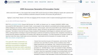 亚马逊宣布将投入 1 亿美元成立 AI 创新中心：协助企业客户部署 AI 技术