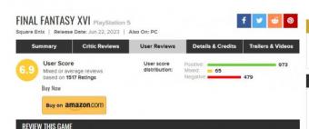 《最终幻想16》在Metacritic遭到恶意差评轰炸：出现0分或1分评价