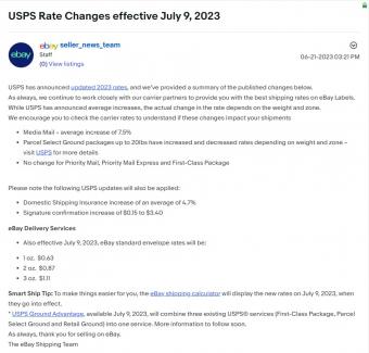 eBay美国站提醒卖家：美国邮政（USPS）新费率将于2023年7月9日生效