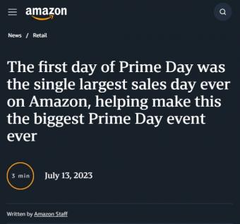 亚马逊Prime会员日战报数据显示：活动首日，成为亚马逊历史上单日销售最高的一天