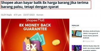 Shopee马来西亚站推出新政策：买的商品被证明是假货，Shopee将提供高达8倍的退款金额