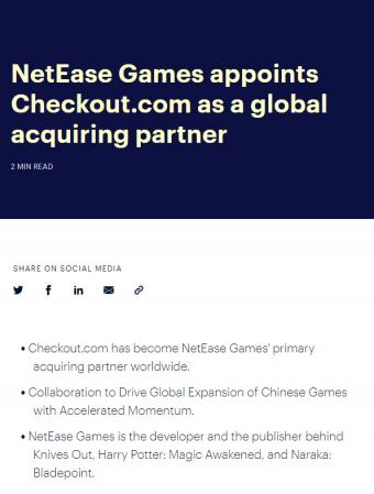 支付解决方案提供商Checkout.com与网易游戏达成合作：加速网易游戏的全球和商业扩张