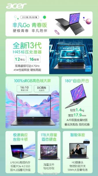 8月8日宏碁非凡 Go 青春版笔记本开卖：配备 16GB 内存和 1TB SSD