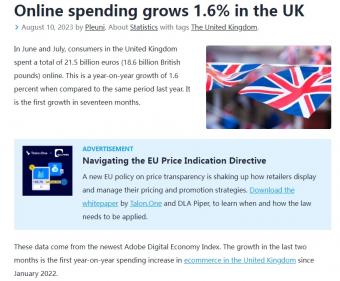 报告显示：9-7月英国消费者总共在网上花费215亿欧元，与去年同期相比增长1.6%