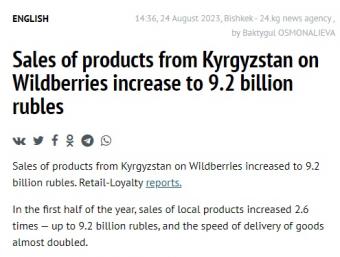 2023年上半年Wildberries在吉尔吉斯斯坦的本土产品销售额同比增长160%，达到92亿卢布