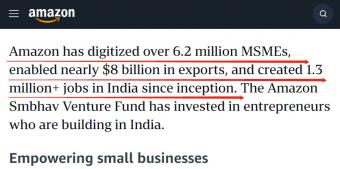 亚马逊在印度拿下接近80亿美元的累计出口额，帮助超过620万家中小企业实现数字化